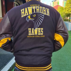 official AFL Hawthorn Hawks Leather Bomber Jacket Embroidered Back