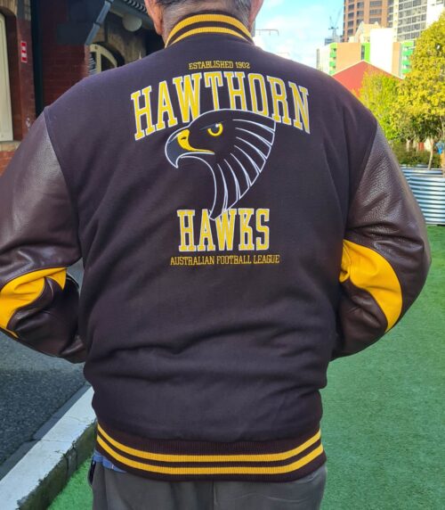 official AFL Hawthorn Hawks Leather Bomber Jacket Embroidered Back